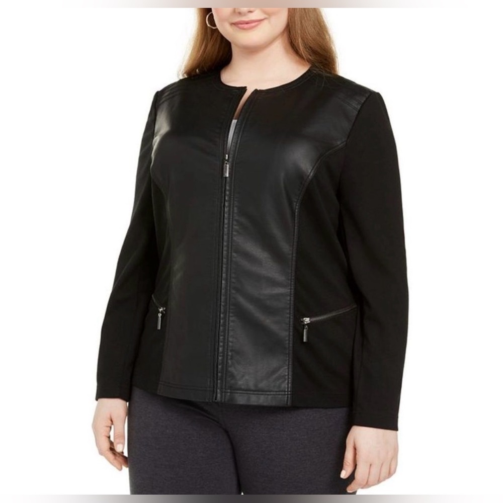 Alfani Women's Black Leather Jacket with Zipper Details